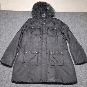 Michael Michael Kors Womens Large Black Nylon Puffer Jacket With Faux Fur Hood